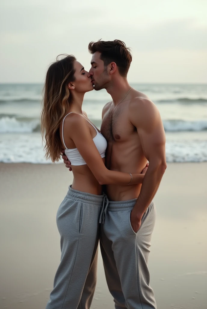 siyah başörtülü, grey sweatpants, braless woman, kissing with boyfriend on the beach