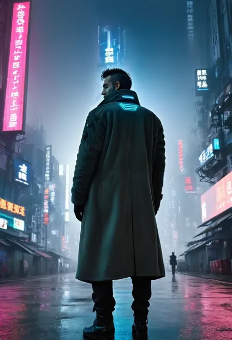 masterpiece, best quality, 1man, alone in the middle of city, background is a cyberpunk city, head looking up, there is a big bi...