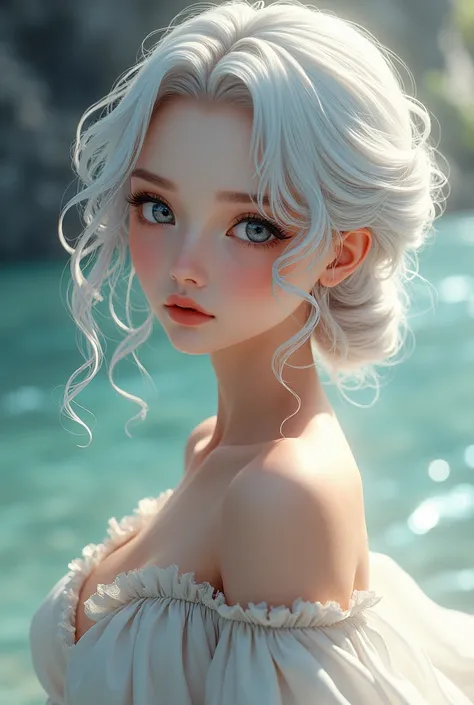 A woman with One Piece features, big wavy white hair, black eyes with beautiful eyelashes, a mole near the right eye and near the mouth, and with a white Greek style dress