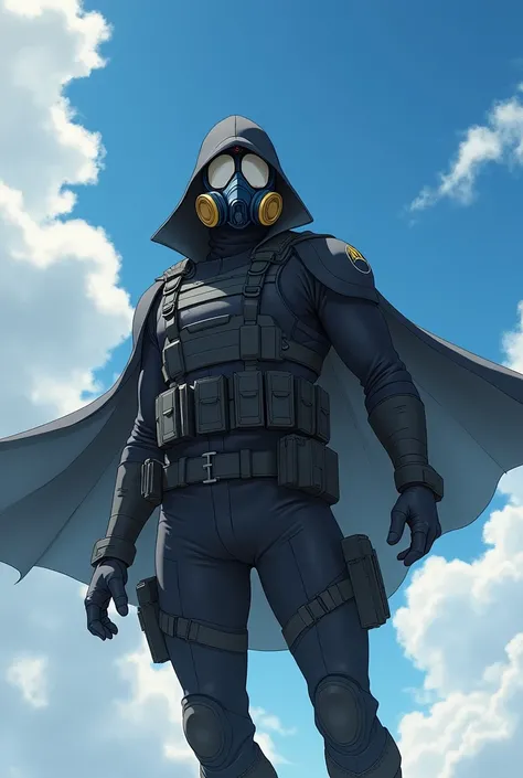 Superhero wearing gas mask, in a black tactical suit, Flying in the sky, in anime.