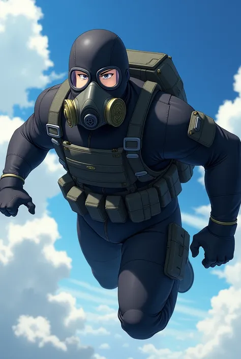 Superhero wearing gas mask, in a black tactical suit, Flying in the sky, in anime.