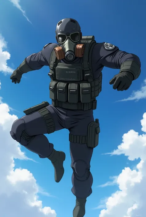 Superhero wearing gas mask, in a black tactical suit, Flying in the sky, in anime.