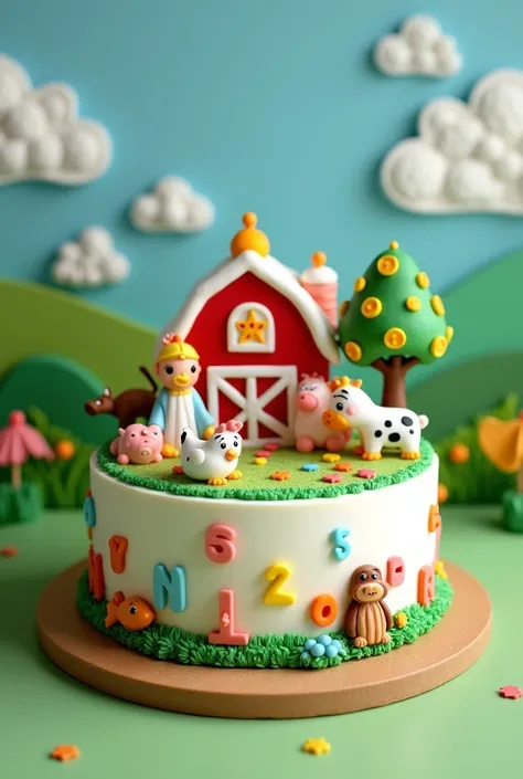 Exclusive small birthday cake with whipped cream for a 2-year-old child, farm theme; chicken cow fish tree dog and jesus God and clown and the abc and numbers 