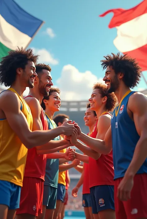 An image showing athletes from different countries greeting each other and exchanging medals