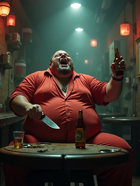 knife an obese man ,This man must be wearing red clothes,he must be inside the bar ,he is drinking beer,ultra realistic photo 8k, fullHD