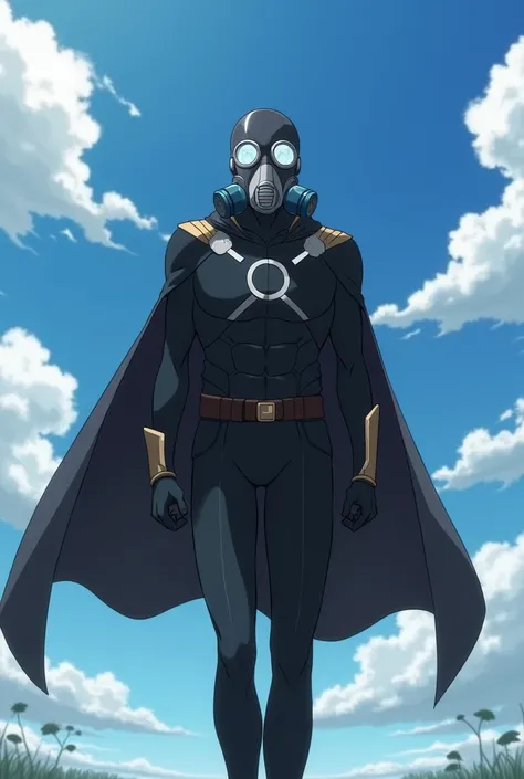 Superhero wearing gas mask, in a black suit and without a cape, Flying in the sky, in anime.