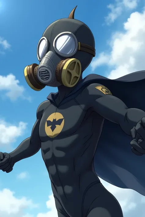 Superhero wearing gas mask, in a black suit and without a cape, Flying in the sky, in anime.