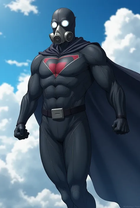 Superhero wearing gas mask, in a black suit and without a cape, Flying in the sky, in anime.