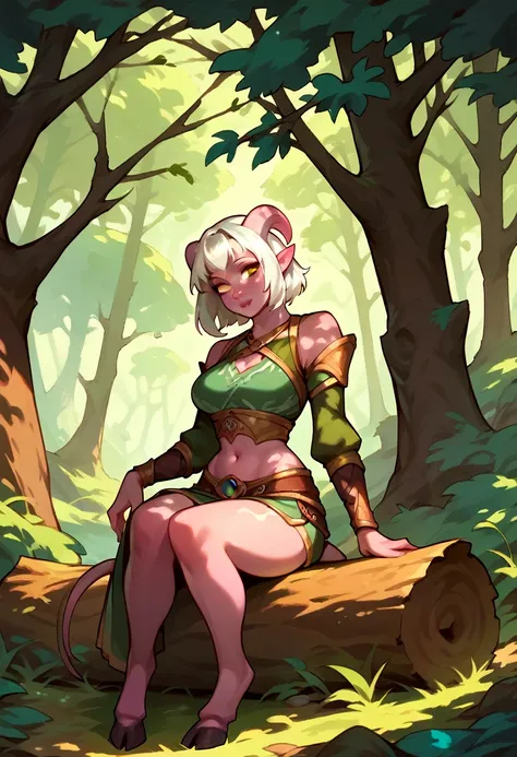 score_9, score_8_up, score_7_up, woman, tiefling, medium hair, white hair, fantasy clothes, sitting on log, head tilt, forest 