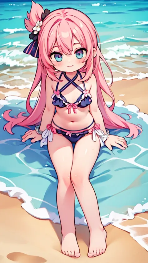 2d, masterpiece, best quality, anime, highly detailed face, highly detailed eyes, highly detailed background, beach lighting, 1girl, solo, full body, pink hair, two piece bikini, smiling, sandy beach background, sitting on the sand
