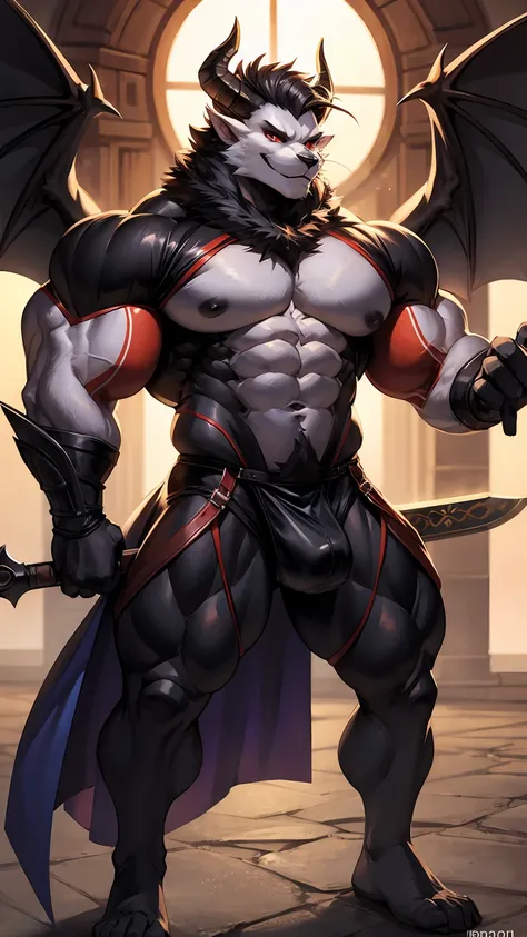 Huge muscles,,Devilish wings,Devilish horns,Showing off strength,black costume,Provocative look,Ready your weapon