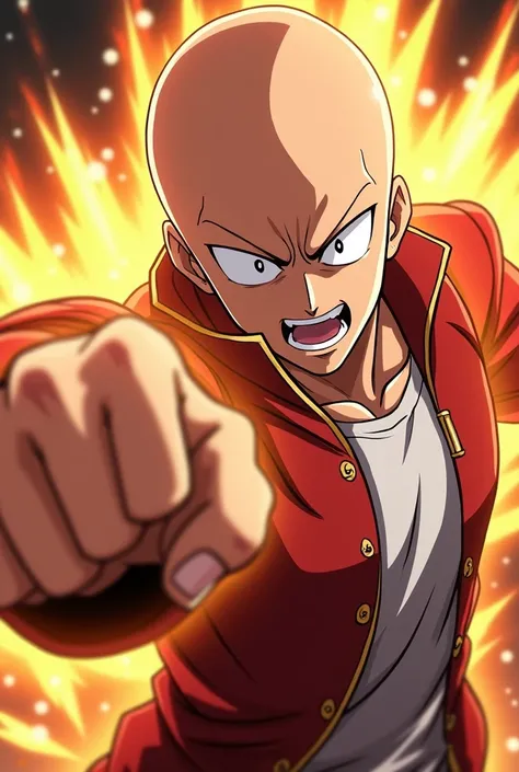 Saitama throwing a serious punch, in anime