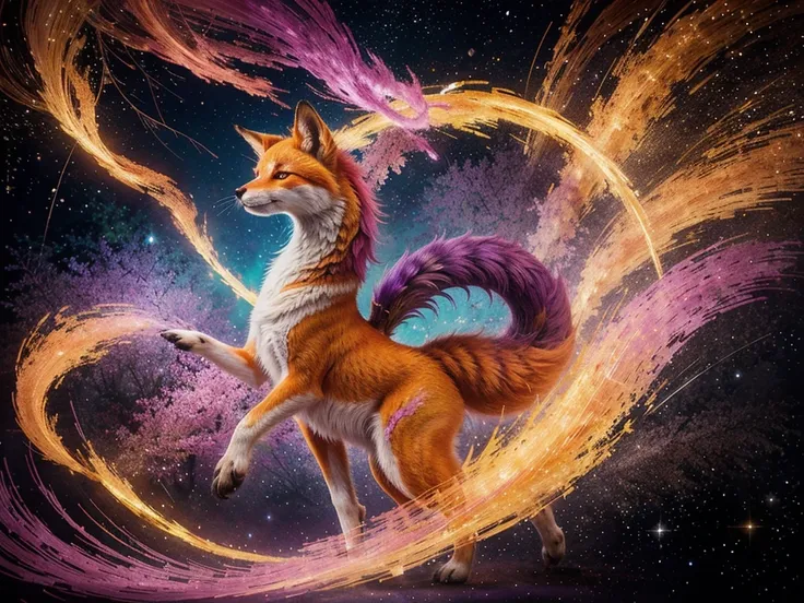 A kitsune with chromatic radiant fur, shimmering in hues of pink, purple, and gold, its nine tails gracefully waving in a watercolor painting. The main subject is a mythical fox spirit from Japanese folklore, depicted in a stunning piece of art. Every brus...