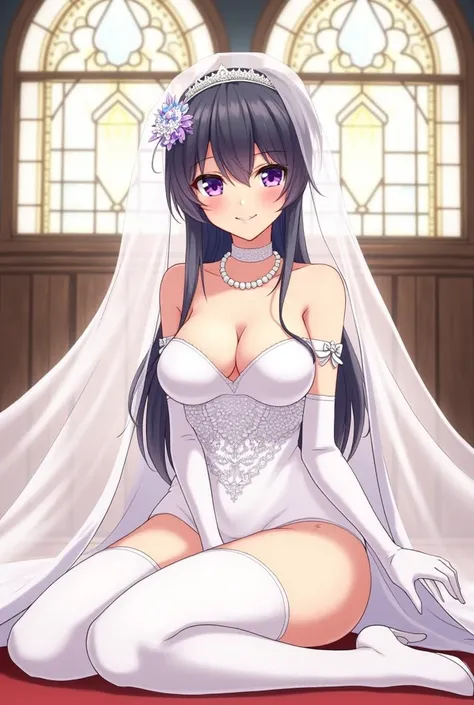 1girl, veil, breasts, bridal_veil, solo, high_heels, rating:questionable, jewelry, underwear, panties, earrings, thighhighs, smile, spread_legs, cleavage, looking_at_viewer, thighs, white_panties, wedding_dress, purple_eyes, white_legwear, sitting, bow, br...