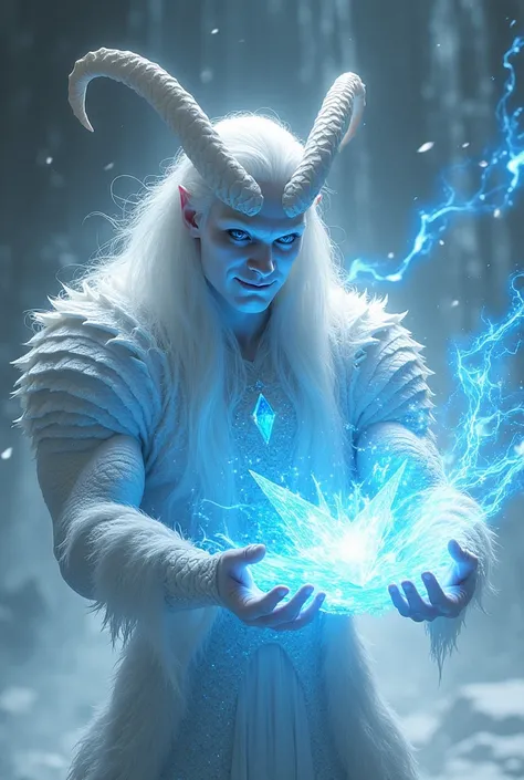 A white-skinned man/Silver, with blue eyes, long white hair, with two long horns coming out of his forehead, with dragon scales on his arms and chest, launching a beam of ice from his hands 