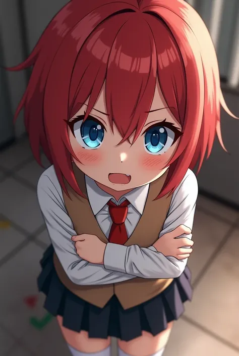 kallen stadtfeld, blue eyes, ((red hair:1.5)), short hair,
BREAK ((school uniform, red necktie, white shirt, pleated skirt, black skirt, white thighhighs, brown vest, long sleeves:1.5))
BREAK crossed arms,angry, pov,
BREAK (masterpiece:1.2), best quality, ...