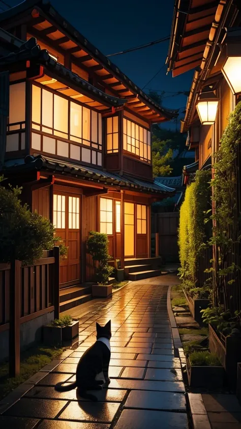 Korean house with bushes on the sides. With very bright and warm colors. There is rain and a street lamp lights up the street. There is a cat at the door