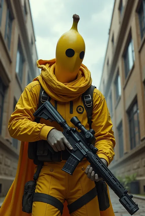 a banana assasin holding a sniper rifle in a tall building