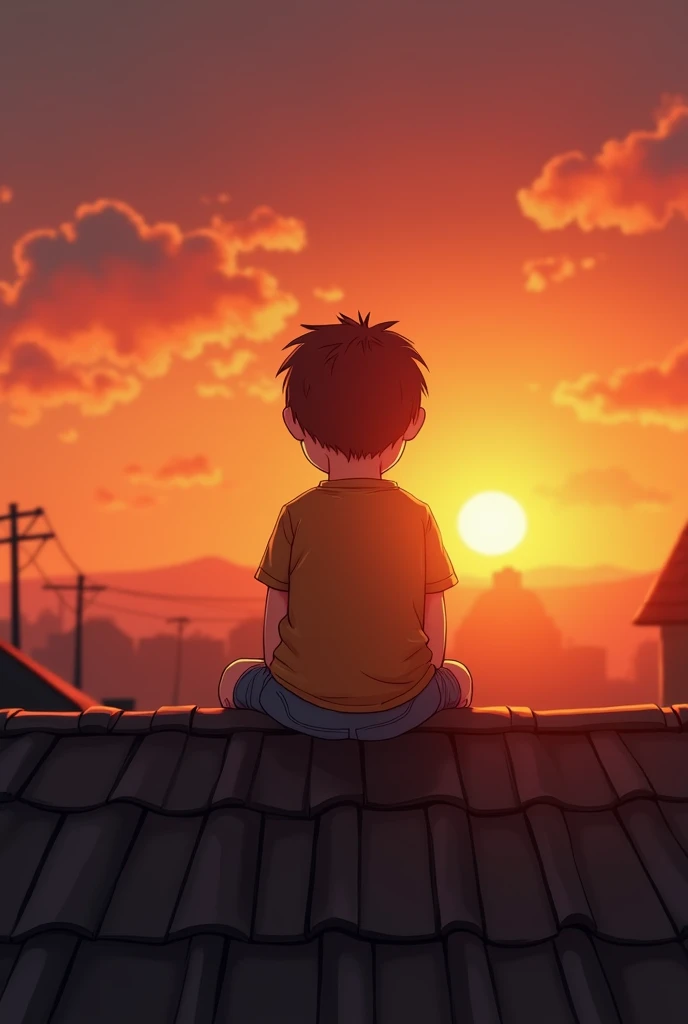 A sad child, watching the sunset, sitting on the roof of his house.