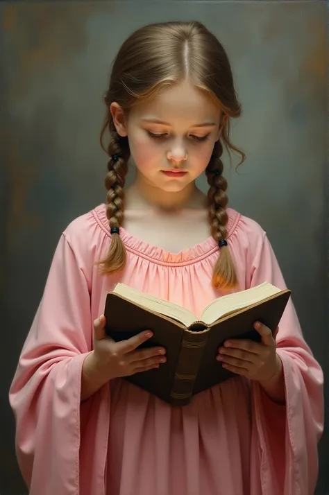 Make me a picture for a painting of the girl Maria, that she has two short braids that go down her shoulders, He has an open book in his hands which he is reading., with a long pink dress That is not realistic but a religious image, where the girl is stand...