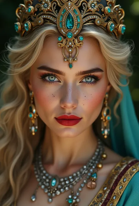 hot beautiful woman 22 years old wearing a sorceress,hot gorgerous natural makeup,red lips, many layers of colorful cloth, jewelry of silver and gold and emeralds and rubies and sapphires, glimmer, sparkle, high definition, portrait, high fashion, high edi...