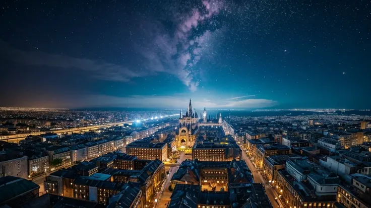 A top down perspective on a small medieval fantasy city renowned for its radiant beauty and magical prowess. a massive celestial fragment called the Heart of the Stars crashed nearby, casting the city into perpetual twilight. Now, a city of eerie beauty, w...