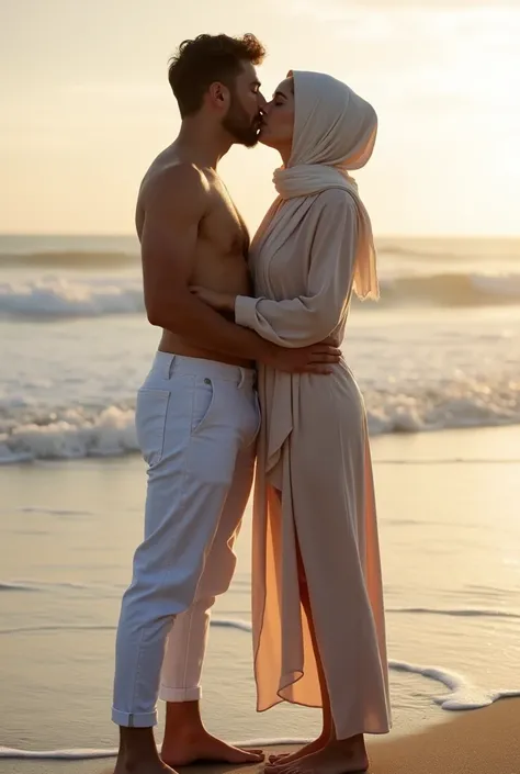 hijab, No bra, Barefoot woman kissing her boyfriend on the beach