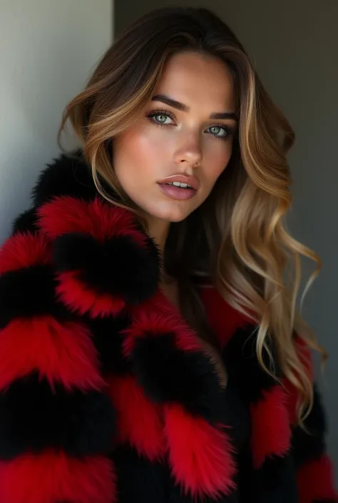 Brunette woman with blonde highlights who looks like Sophie Mudd wearing a red and black fur coat 