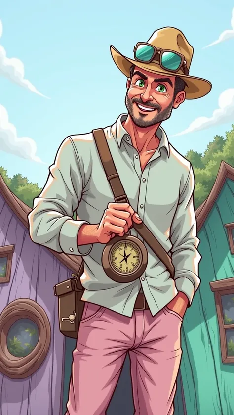 Best Quality,8k,High resolution,masterpiece:1.2),cartoon style,full body portrait,adventurous man on a mountain,50 years,for the chestnut,green eyes ,adventurer hat,Mountain Clothing,,beautifully drawn facial features,detailed expression,Confident smile,ho...