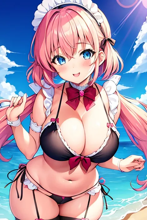 1girl, large breasts, breasts, thick thighs, twintails, pink hair, very short hair, short hair, blue eyes, headband, maid headband, thighhighs, smile, light smile, bikini, black bikini, beach, tall, tall female, mature female, hourglass figure