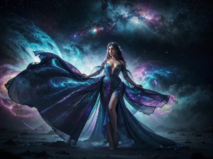 In a cosmic realm where galaxies collide, a celestial being adorned in a flowing gown of shimmering stardust floats gracefully amidst swirling nebulae and twinkling star clusters. This ethereal image, rendered in vibrant watercolors, captures the essence o...