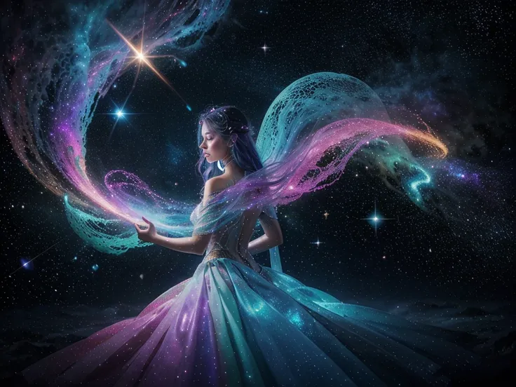 In a cosmic realm where galaxies collide, a celestial being adorned in a flowing gown of shimmering stardust floats gracefully amidst swirling nebulae and twinkling star clusters. This ethereal image, rendered in vibrant watercolors, captures the essence o...