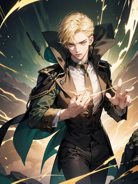 (Absurd, High Resolution), 16k, (Panorama), 18-year-old, 1man, serious, dark green eyes, Open Hands, Short right swept dandy blonde Hair, blonde Hair, Black Coat, White Underwear, Extreme Detail, Lightning, Magic, Magic Array, Exaggerated Light, Shine, Mag...