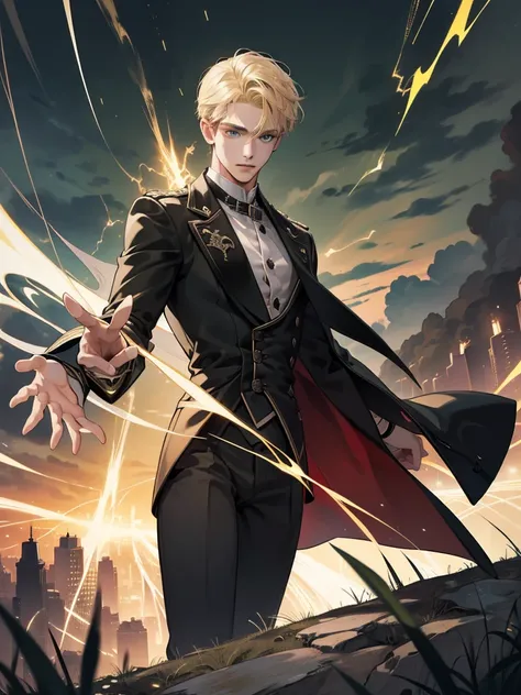 (Absurd, High Resolution), 16k, (Panorama), 18-year-old, 1man, serious, dark green eyes, Open Hands, Short right swept dandy blonde Hair, blonde Hair, Black Coat, White Underwear, Extreme Detail, Lightning, Magic, Magic Array, Exaggerated Light, Shine, Mag...