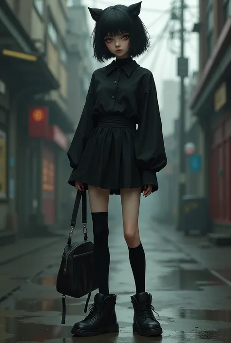 A girl with black hair in a wolfcut style,with bangs,half tired brown eyes,with a short black skirt and a tight black long-sleeved blouse,using a leg warmer,and black sneakers.