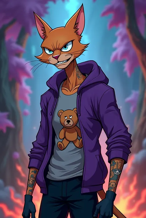 create a skinny male white humanoid cat, with a scar on his face, wearing an open purple sweatshirt and a gray t-shirt, with teddy bear print, black gloves, a black shorts, light blue eyes with an angry expression, crazy face, he has some tattoos on his bo...