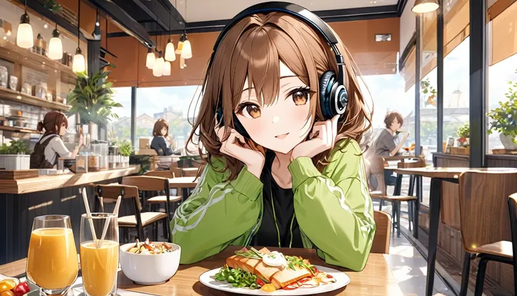 Scene background of a brown-haired 20-year-old girl wearing headphones enjoying lunch at a cafe：The interior of a stylish cafe：Fun and relaxed expression costume：Casual daytime outfit pose：Sit at the table、Enjoying lunch and music：Relaxing lunch at the caf...