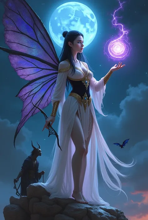 The Elven female is an elegant High Elf Warlock with a slim, graceful figure. Her white skin carries a subtle bluish hue, reflecting an inner glow. Her long, straight dark hair cascades down her back, with a small side braid at the front. Her bright blue e...