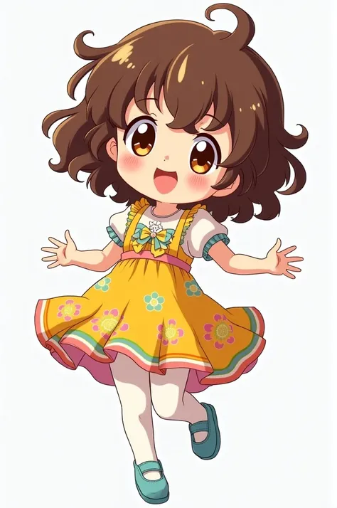 An anime character who is around 6 years old has curly hair and brown eyes and wears a colorful and bright dress with white tights and finally light blue shoes.