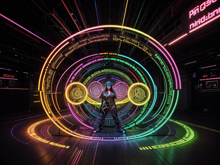 In a twisted display of data delirium, an algorithmic serpent of neon colors slithers through a digital realm, its coils interwoven with shining lines of code and glowing nodes pulsating with virtual energy. This concept art depicts a psychedelic fabled ne...