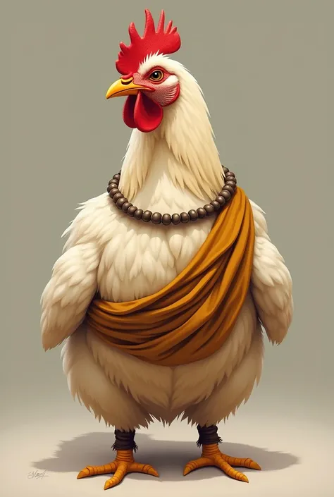 A chicken with monk accessories (necklace around the body and band on the feet)