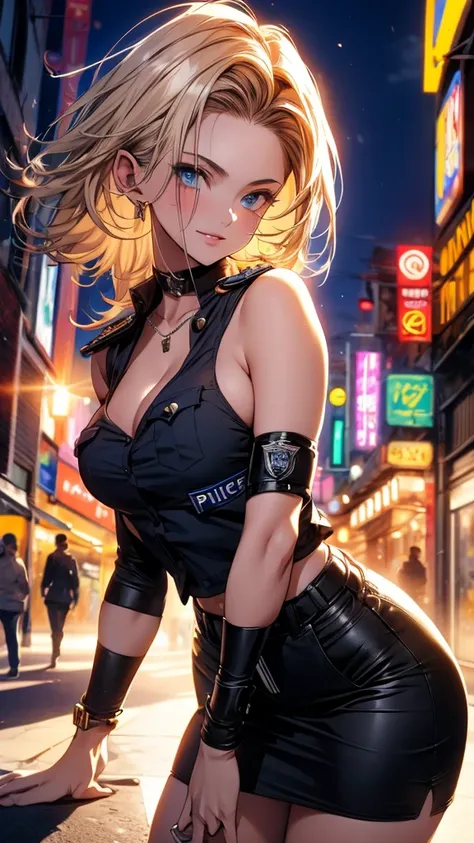 (​masterpiece), (premium), Sunset, natural lights, ,(realist:1.5),  incredibly beautiful, blue police uniform, black wrapped short, Skirt, short_blonde hair, diffuse_hair, Tanned, wearing an unbuttoned police uniform, neckline, sexy, sensual, hazel eyes, s...