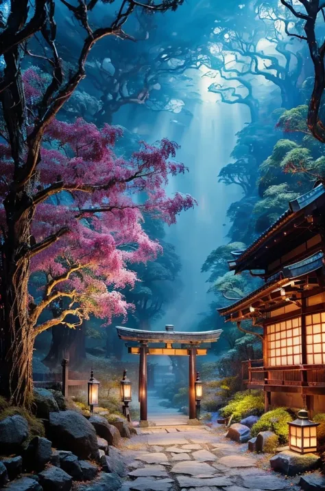 "Create a fantastical and harmonious image that symbolizes family safety and magical protection. The scene should feature a traditional Japanese home surrounded by a mystical forest, with ethereal light filtering through enchanted trees. Include a shimmeri...