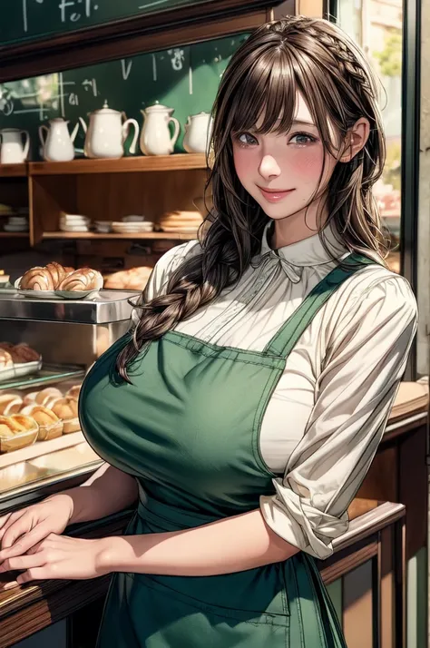 Only one female, /(staff uniform/) /(Dark green apron/), /(Brown Hair/) bangs, A gentle blushing smile, (Masterpiece Top quality:1.2) Delicate illustrations, super detailed, Big Breasts, /(Cafe Shop/),Braiding,skirt