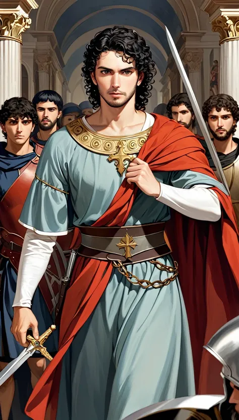 Santo Expedito in a battle scenario, but with a calm expression and focused on faith, Santo Expedito is a young white man, without beard or mustache, curly black hair, Roman costume, man from the 4th century, Renaissance digital painting, sacred art