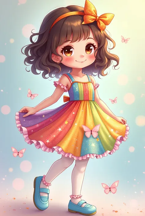 An anime character who is around 6 years old has curly hair and brown eyes, wears a colorful dress with a rainbow design and several butterflies and with a lot of shine, with white tights and finally light blue shoes.