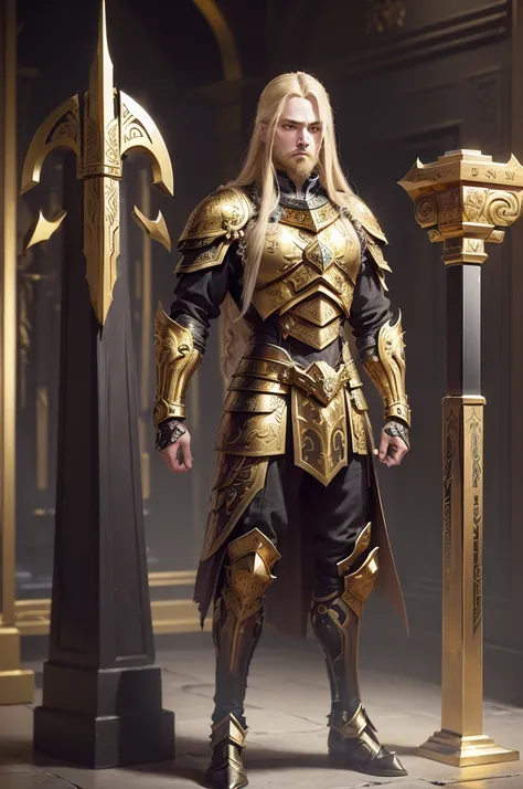 (((work of art, best qualityer), 1 men, standing alone, strong with gold and black armor using war hammer with gold carvings, long blonde hair, Dark yellow eyes