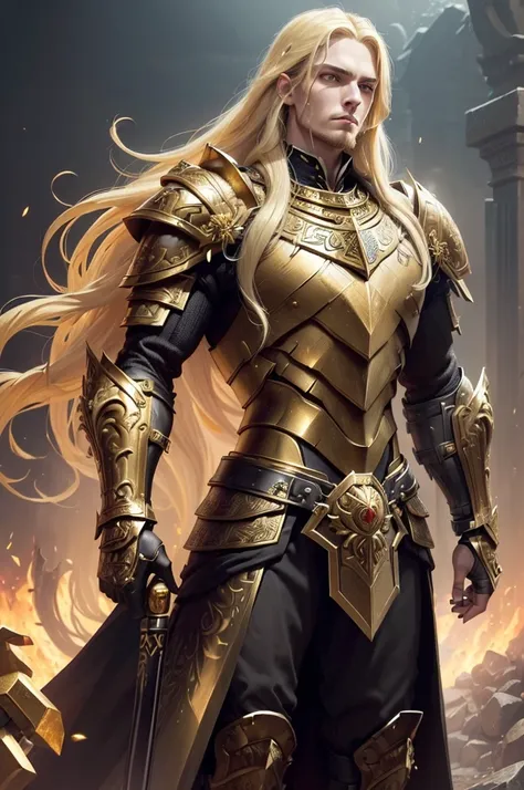 (((work of art, best qualityer), 1 men, standing alone, strong with gold and black armor using war hammer with gold carvings, long blonde hair, Dark yellow eyes