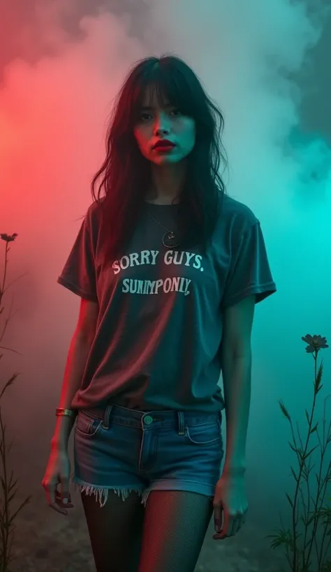 girl in (ethnic pattern black shiny rubber stockings:1.2) and denim cut-offs and washed t-shirt with "sorry guys, swamp only" label,  stuck in bog, red fog, blue green fog, red lips, stockings:1.3