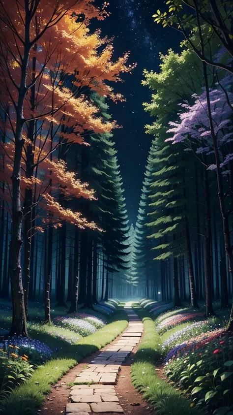 Path in the middle of the forest at night, surrounded by many colorful flowers. There are fireflies everywhere. One tree stands out from the rest, It is round and very leafy, it has a light that illuminates it from inside its leaves.. hyper detailed, color...